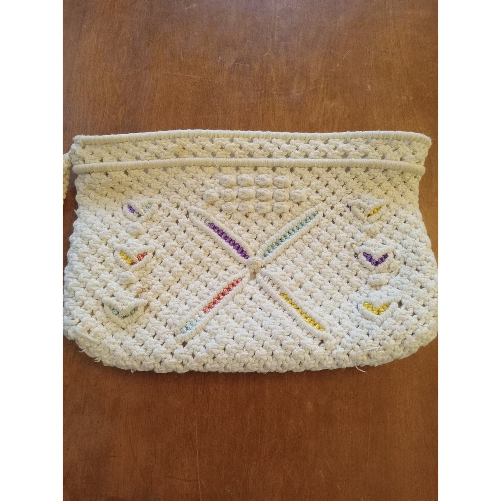 Vintage Handmade Macrame Wristlet Clutch Cream Rainbow Boho Woven Zipper Bag